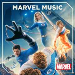 Marvel Music Fantastic Four The Fantastic Four—Mr. Fantastic, Invisible Woman, Human Torch, and The Thing—pose heroically in their blue suits in front of the Baxter Building, with red cosmic trails swirling around them. The image is labeled “Marvel Music” in bold white text at the top, with the Marvel logo in the bottom right corner.