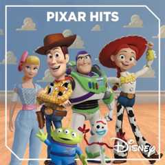 Pixar Hits Music Toy Story characters Bo Peep, Woody, Buzz Lightyear, Jessie, Forky, and an alien stand smiling together in Andy’s room, under the title “PIXAR HITS” with a Disney logo in the corner.
