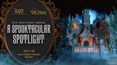 An image promoting D23’s upcoming Spooktacular Spotlight event. On the left side of the image is a vintage gold frame of a “magic” mirror; inside the mirror is shimmery grey text that reads “D23 Spotlight Series: A Spooktacular Spotlight.” Above this text are the D23 and the Walt Disney Archives logos in gold. Below the text, also in gold, is the date of the event and the location: October 12, Walt Disney World Resort. On the right side of the image is a photo of the Haunted Mansion attraction at the Magic Kingdom at Walt Disney World Resort.