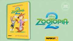 Cover of The New Adventures of Zootopia 2 book alongside the Zootopia 2 logo on a mint green background. Book cover is yellow and features Judy Hopps and Nick Wilde giving each other a high five.