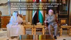 President Masoud Barzani, R, UAE CG in Erbil, Ahmed Hassan Ahmed Sulaiman Al-Shehhi, Pirmam, Erbil, Nov. 23, 2025. (Photo: Kurdistan24)
