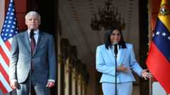 Venezuela's acting president Delcy Rodriguez (R) speaks next to US Secretary of Energy Chris Wright during a press conference after a meeting at the Miraflores Presidential Palace in Caracas on Feb. 11, 2026.