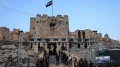 Syrian President Ahmed al-Sharaa waves to the crowd at the gate of Aleppo’s Citadel, on Nov. 29, 2025. (AFP)