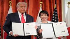 President Donald Trump, L, Japan's PM Sanae Takaichi, during a signing ceremony at Akasaka Palace in Tokyo, Japan, Oct. 28, 2025. (AP)