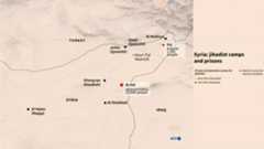 Infographic with a map showing the location of detention camps for relatives of jihadists and prisons for jihadists in northern Syria, based on data collected by ISW between May 2024 and Jan. 2026. (AFP)