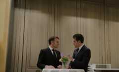 Kurdistan Region President Nechirvan Barzani (R), French President Emmanuel Macron (L), in Munich, on Feb. 13, 2025. (Photo: Nechirvan Barzani's X)