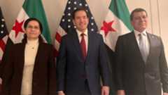 U.S. Secretary of State Marco Rubio (C), SDF Commander Mazloum Abdi (R), Ilham Ahmed, Co-Chair of the Foreign Relations Department of the Autonomous Administration (L). (Photo: Abdi's X)