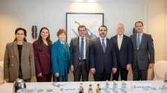 (L-R), U.S. Senator Jeanne Shaheen, 3rd, SDF Commander-in-Chief Mazloum Abdi, 4th,  Syrian Foreign Minister Asaad al-Shaibani, 5th, Feb. 13, 2026, MSC2026. (Barrack's X)