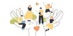 Illustration of large hands holding joyful people engaged in various activities with hearts floating.