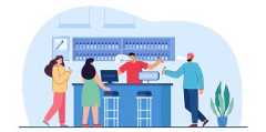Illustration of people inside a vape shop, interacting with the cashier and vaping indoors.