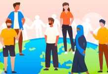 Illustration of diverse individuals standing on Earth, symbolizing global unity, inclusion, and cultural connection.