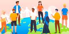 Illustration of diverse individuals standing on Earth, symbolizing global unity, inclusion, and cultural connection.