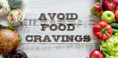 A mix of unhealthy and healthy foods, with text in the center saying "Avoid Food Cravings."