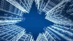 A conceptual rendering of modern buildings, looking upward with blue sky between them.