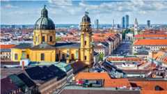 Skyline view of Munich with the Theatine Church of St. Cajetan (Theatinerkirche St. Kajetan) and Odeonplatz.