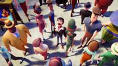 Animated pedestrians walking in a city.