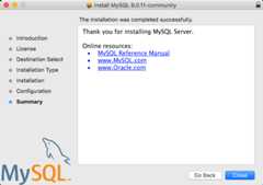Shows that the installation was a success, and includes links to the MySQL manual, mysql.com, and oracle.com.