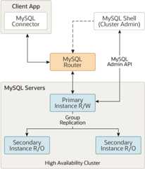 Three MySQL servers are grouped together as a high availability cluster. One of the servers is the read/write primary instance, and the other two are read-only secondary instances. Group Replication is used to replicate data from the primary instance to the secondary instances. MySQL Router connects client applications (in this example, a MySQL Connector) to the primary instance.