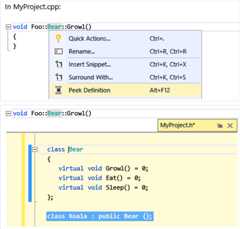 Use Peek Definition to get a quick look at where and how a code symbol is defined. 