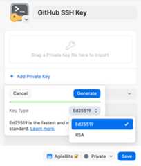 The 1Password save dialog for an SSH Key item with the option to generate an Ed25519 key type selected.