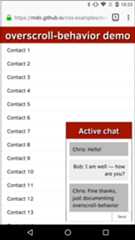 Ein Popup-Chatfenster mit dem Titel 'Aktiver Chat', das ein Gespräch zwischen Chris und Bob zeigt. Hinter dem Chatfenster befindet sich eine Kontaktliste mit dem Titel 'overscroll-behavior demo'.