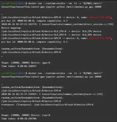Results of running docker run --runtime=nvidia --rm -ti -v "${PWD}:/mnt/c" tensorflow/tensorflow:latest-gpu-jupyter python /mnt/c/matmul.py gpu 20000