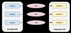 Three prompts to an LLM produce three responses. The three prompts          are the prompt set. The three responses are the response set.