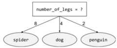 A condition (number_of_legs = ?) that leads to three possible          outcomes. One outcome (number_of_legs = 8) leads to a leaf          named spider. A second outcome (number_of_legs = 4) leads to          a leaf named dog. A third outcome (number_of_legs = 2) leads to          a leaf named penguin.