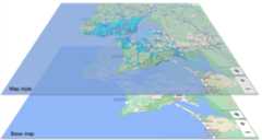 The base map with a map style overlay on top, showing the style elements of aqua urban areas and blue road networks