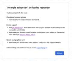 An example of the message that says The style editor can't be loaded right now along with several steps on how to troubleshoot the error.