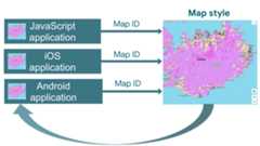 Graphic showing the same map style used for JavaScript, iOS, and Android applications using a map ID