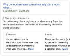 an example search result for a page titled 'Why do touchscreens            sometimes register a touch when ...' with a preview of the top answers from the page.