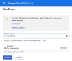 The form to create a new Google Cloud Platform project.