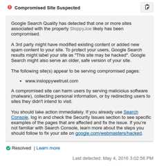 An example of a Google Analytics alert for a compromised site.