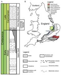 (A) Schematic log modified from Unwin (2001) containing the lithology and the stratigraphic position of the Cambridge Greensand Member. (B) Schematic map positioning the Cretaceous deposits of England.