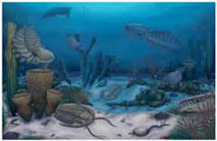 Artistic reconstruction of the Cambrian (Drumian) Marjum biota in the House Range of Utah, USA, including radiodont components.