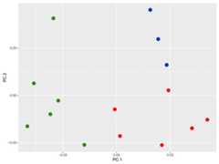 PCA plot of species of the genus Coryphophylax, (green) C. maximiliani, (red) C. subcristatus, (blue) C. brevicauda.