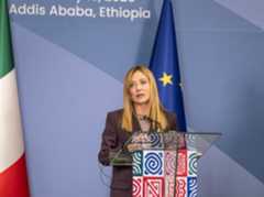 Italian Prime Minister Giorgia Meloni, speaks during the closing press conference of the Second Italy-Africa Summit at the Addis International Convention Center (AICC) in Addis Ababa on February 13, 2026. (Photo by Marco Simoncelli / AFP)