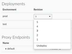 Deploy API proxy to test environment Deployments section of the API proxy details with the drop-down menu selected for the test environment.