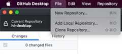 Screenshot of the menu bar on a Mac. Actions for repositories are listed in the open "File" dropdown menu.