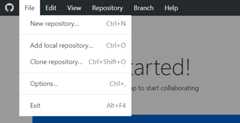 Screenshot of the "GitHub Desktop" menu bar on Windows. Actions for repositories are listed in the open "File" dropdown menu.