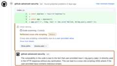 Screenshot of the check failure for a code scanning alert in a pull request. Part of the "autofix" suggestion is outlined in dark orange.