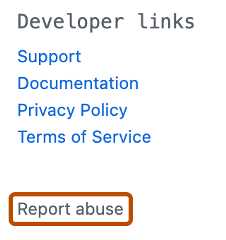 Screenshot of the sidebar of a GitHub Marketplace app. A link, labeled "Report abuse", is outlined in dark orange.