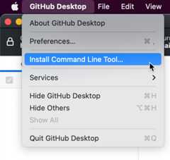Screenshot of the menu bar on a Mac. Under the "GitHub Desktop" dropdown menu, the option "Install command line tool" is highlighted in blue.