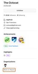 Screenshot of the sidebar of a user's profile page. A link, labeled "Block or report", is outlined in dark orange.