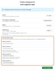 Screenshot of the "Create codespace" page with four recommended secrets highlighted with a dark orange outline.