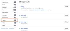 Screenshot of the repository search results page for the search term 'jekyll' with the "Topics" option in the left-hand menu outlined in dark orange.
