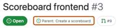 Screenshot of a sub-issue's header. The link to the parent issue, "Parent: create a scoreboard", is highlighted with an orange rectangle.