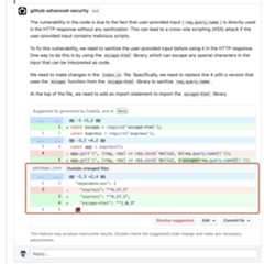 Screenshot of Copilot Autofix suggestion to edit the current file. A suggested change in "package.json" is outlined in dark orange.