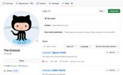 Screenshot the "Stars" tab of Octocat's profile. Two named lists of stars are displayed.